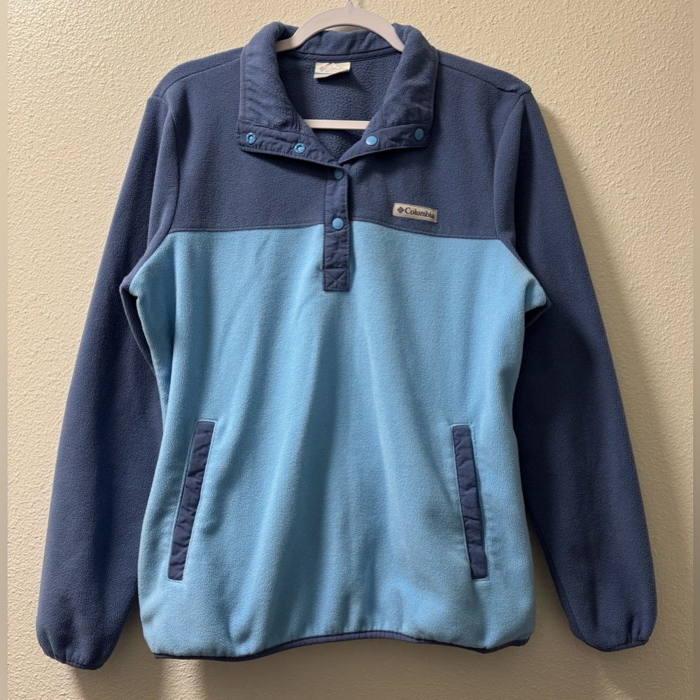 Columbia Fleece Sweater Pullover Snap Button Mock Neck Pockets Blue Womens Large